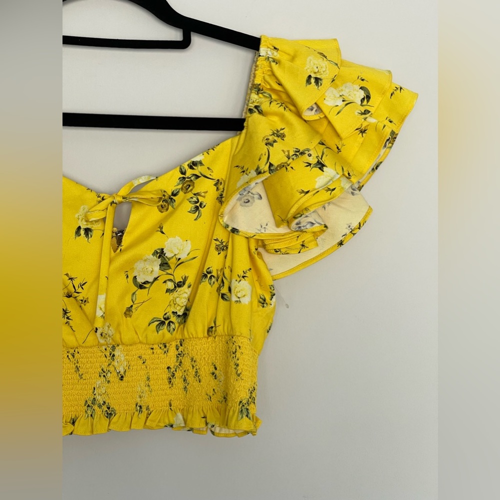 New Alice + Olivia Shanae Floral Ruffle Crop Top Womens Yellow - Picture 5 of 11